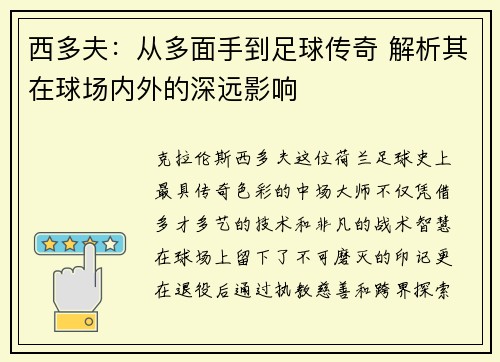 西多夫：从多面手到足球传奇 解析其在球场内外的深远影响