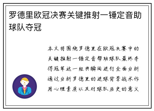 罗德里欧冠决赛关键推射一锤定音助球队夺冠