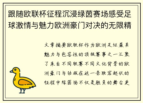 跟随欧联杯征程沉浸绿茵赛场感受足球激情与魅力欧洲豪门对决的无限精彩